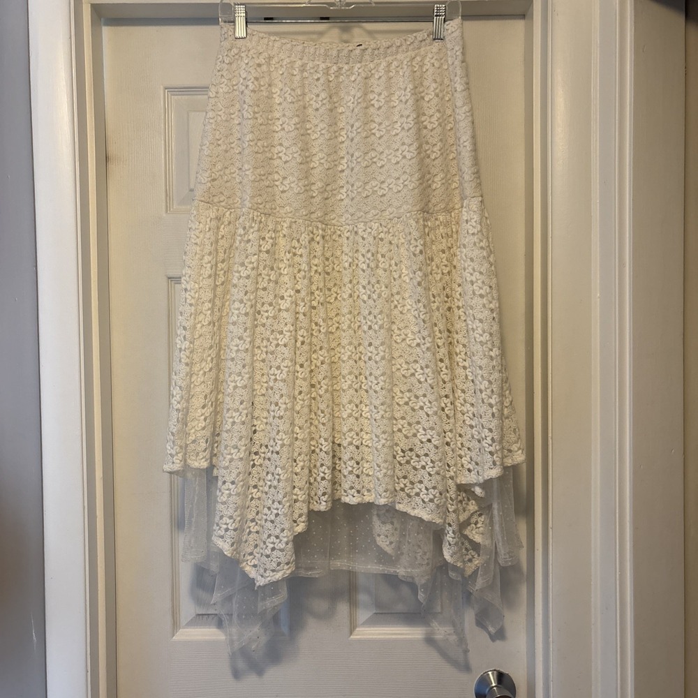 Asymmetrical Floral Lace Sheer Maxi Skirt Ivory Boho Chic Cottagecore XL Fairy
